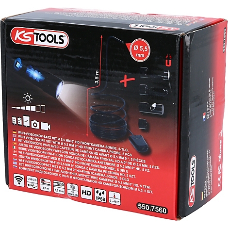 Auf einer schwarzen Verpackung ist eine schematische Darstellung eines Endoskops abgebildet. Darunter sind Text und Logos von KS TOOLS zu sehen.